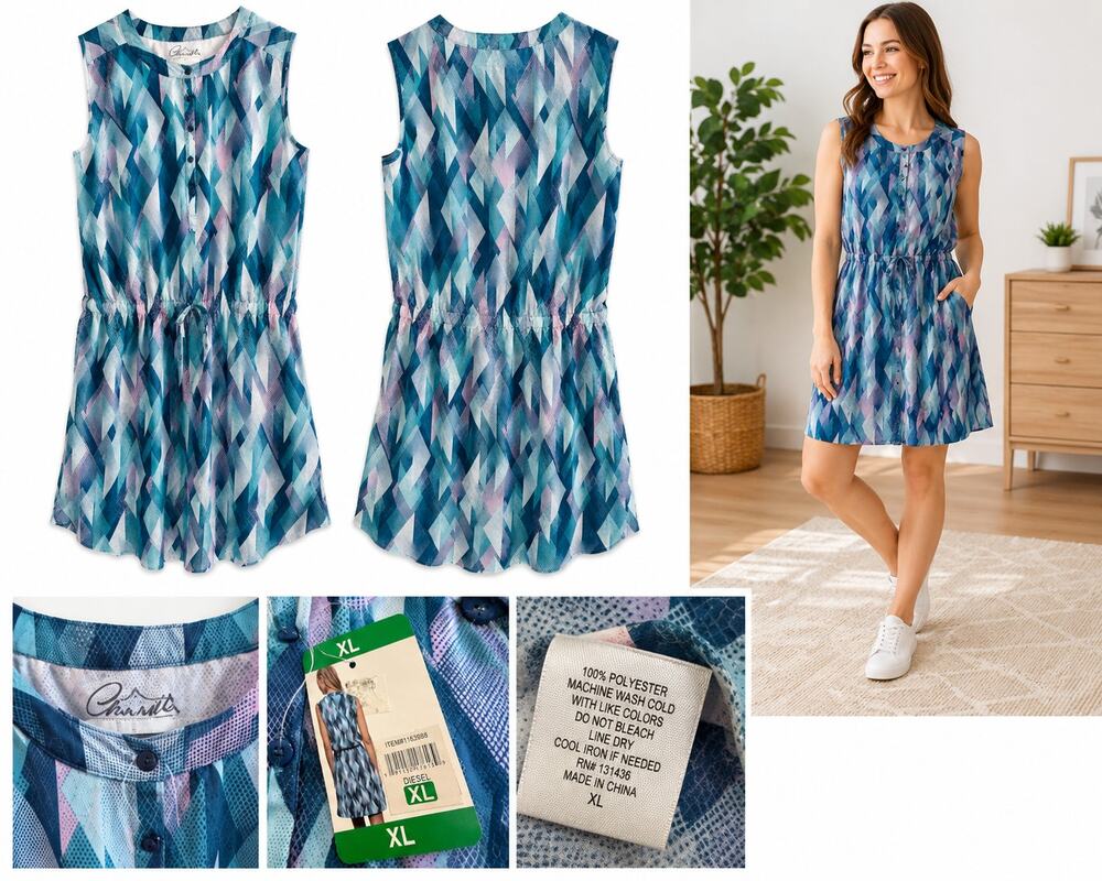 Gerry Women's XL Sleeveless Geometric Print Dress Blue Drawstring Waist NWT